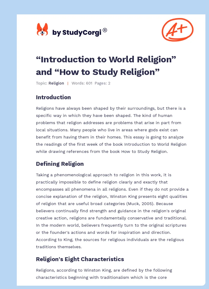 “Introduction to World Religion” and “How to Study Religion”. Page 1