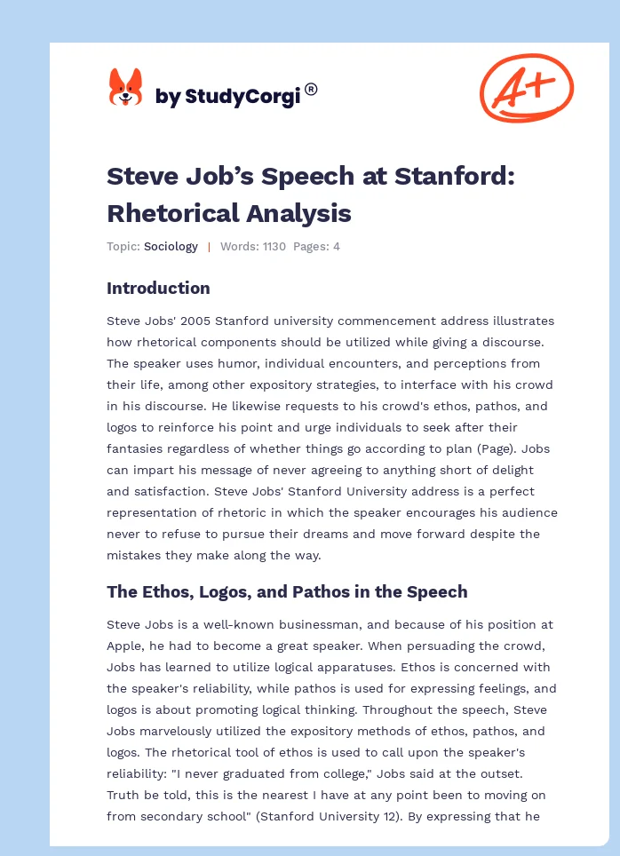 Steve Job’s Speech at Stanford: Rhetorical Analysis. Page 1