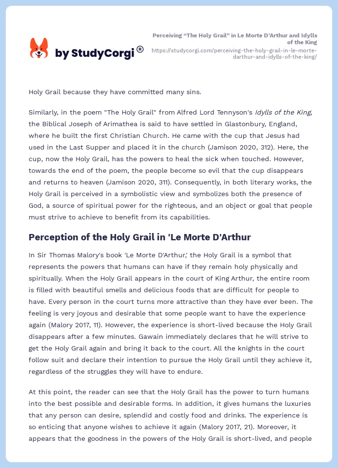 Perceiving “The Holy Grail” in Le Morte D’Arthur and Idylls of the King. Page 2