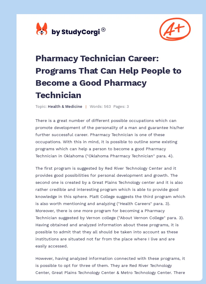 Pharmacy Technician Career: Programs That Can Help People to Become a Good Pharmacy Technician. Page 1