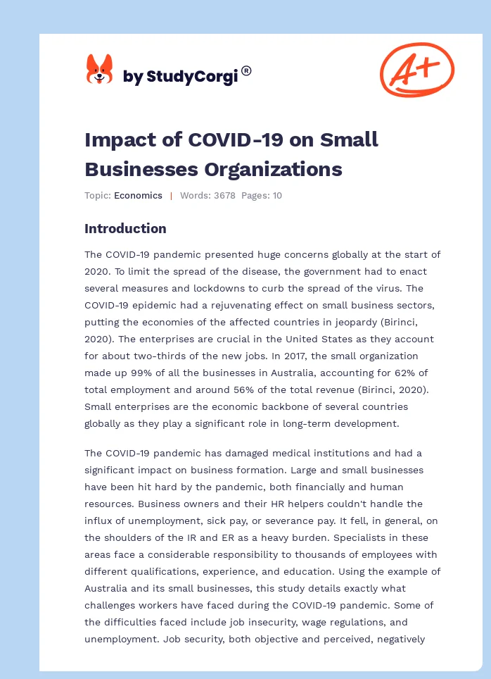 Impact of COVID-19 on Small Businesses Organizations. Page 1