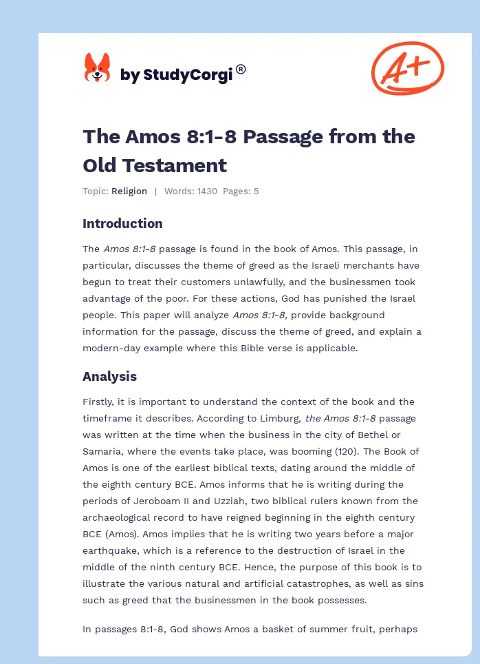 The Amos 8:1-8 Passage from the Old Testament. Page 1