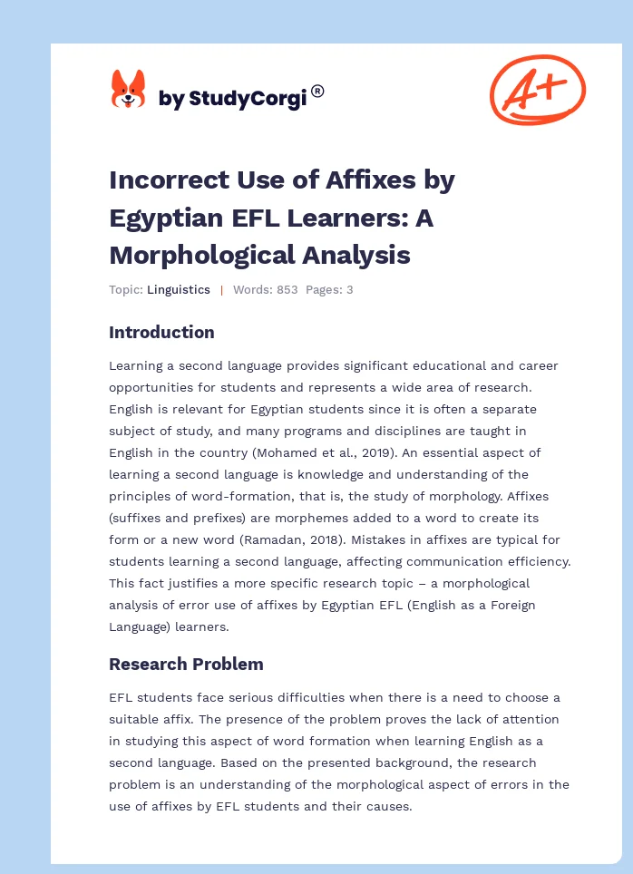 A Morphological Analysis of Error Use of Affixes by Egyptian EFL Learners. Page 1