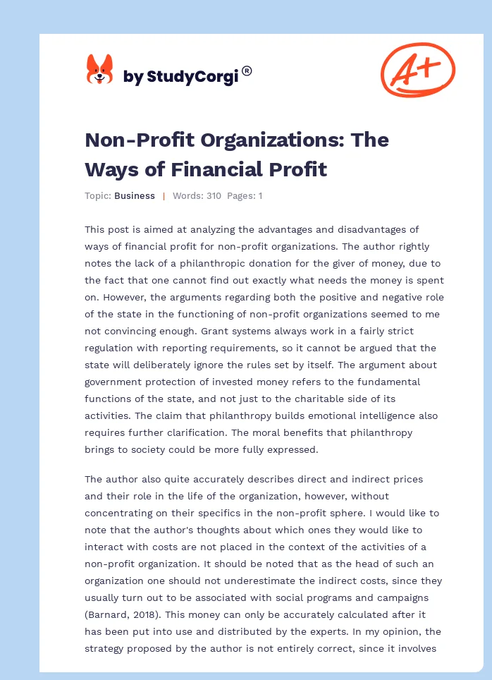 Non-Profit Organizations: The Ways of Financial Profit. Page 1