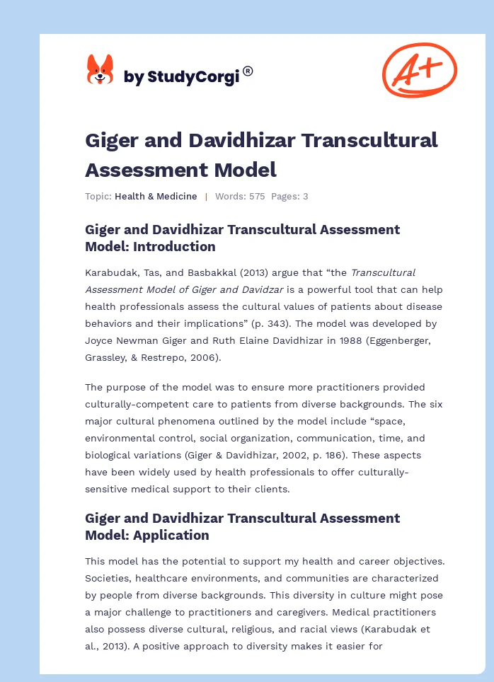 Giger and Davidhizar Transcultural Assessment Model. Page 1
