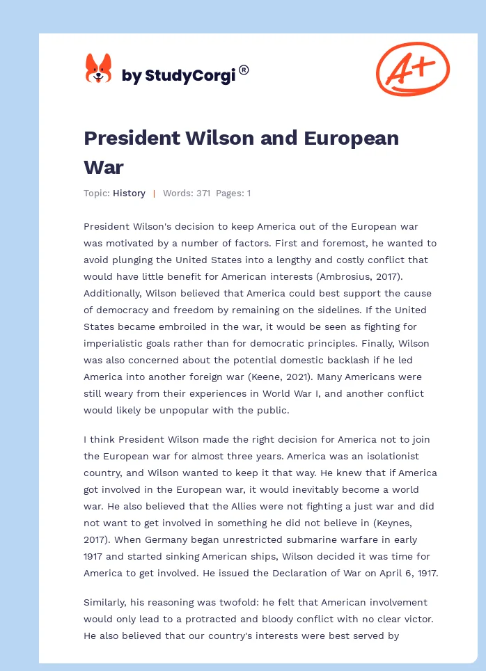 President Wilson and European War. Page 1