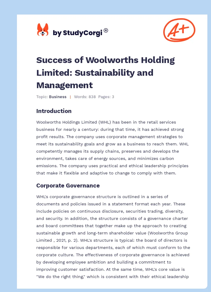 Success of Woolworths Holding Limited: Sustainability and Management. Page 1
