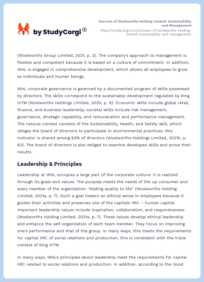 Success of Woolworths Holding Limited: Sustainability and Management. Page 2