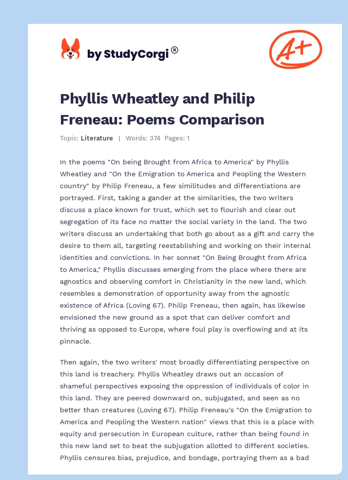 Phyllis Wheatley and Philip Freneau: Poems Comparison. Page 1