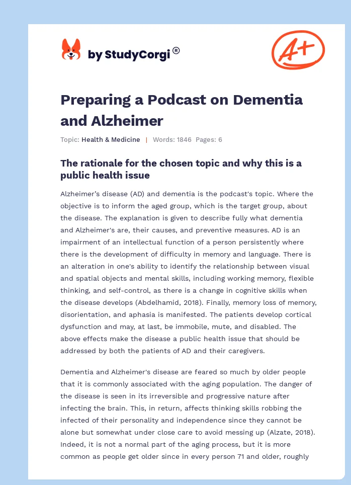 Preparing a Podcast on Dementia and Alzheimer. Page 1