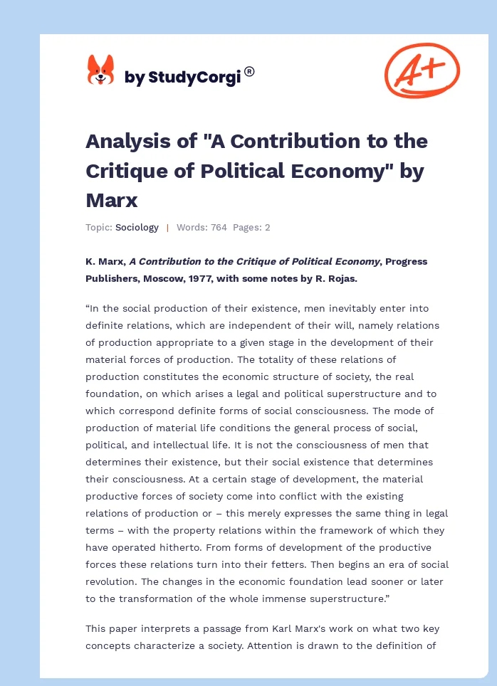 Analysis of "A Contribution to the Critique of Political Economy" by Marx. Page 1