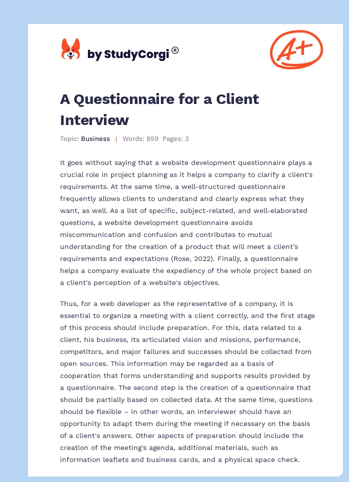 A Questionnaire for a Client Interview. Page 1