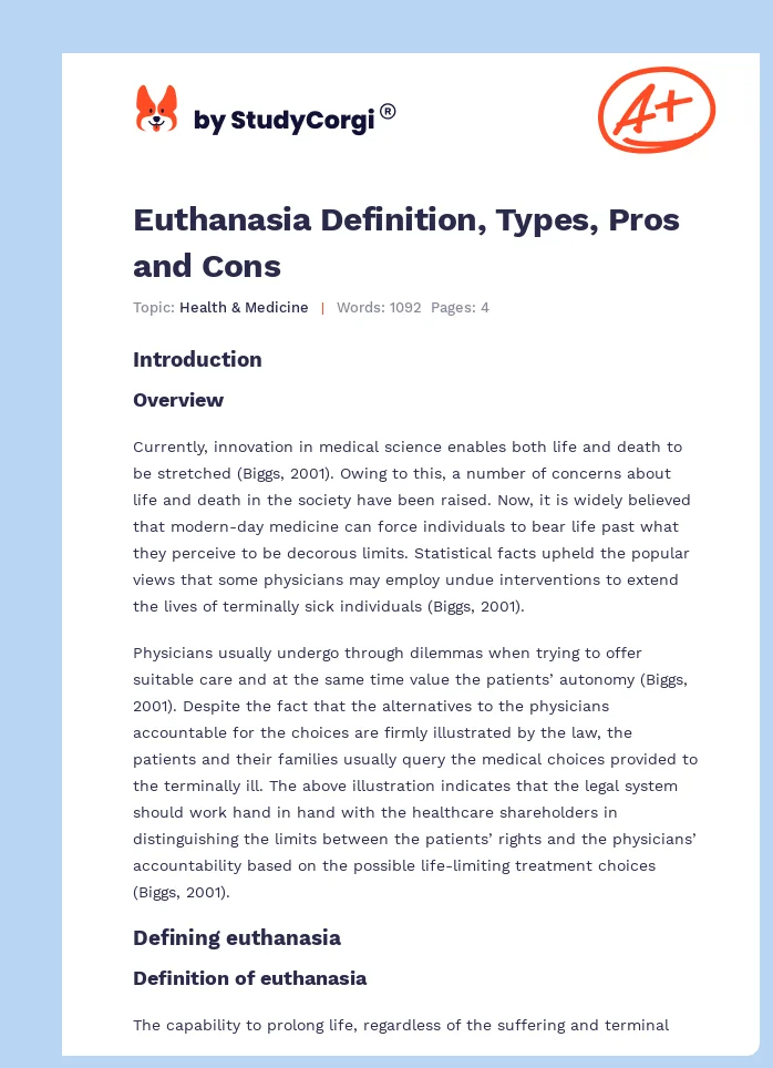 Euthanasia Definition, Types, Pros and Cons. Page 1