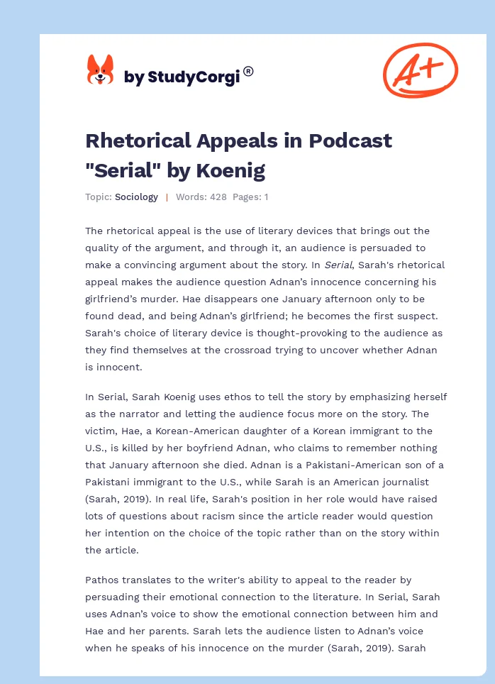 Rhetorical Appeals in Podcast "Serial" by Koenig. Page 1
