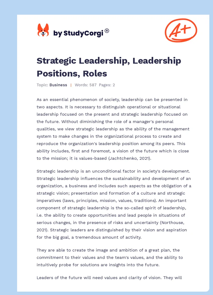 Strategic Leadership, Leadership Positions, Roles. Page 1