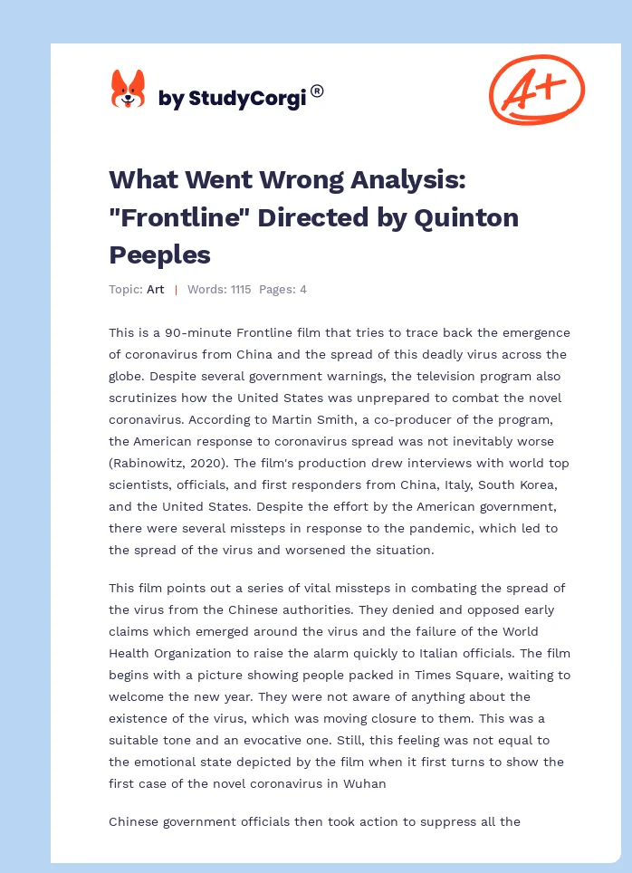 What Went Wrong Analysis: "Frontline" Directed by Quinton Peeples. Page 1