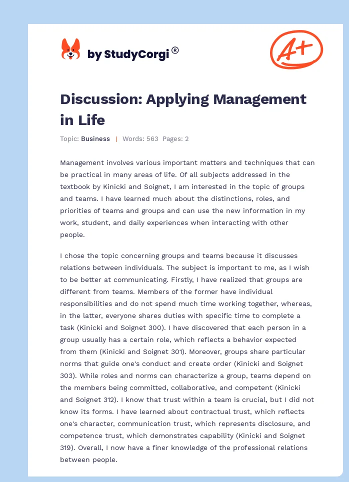 Discussion: Applying Management in Life. Page 1