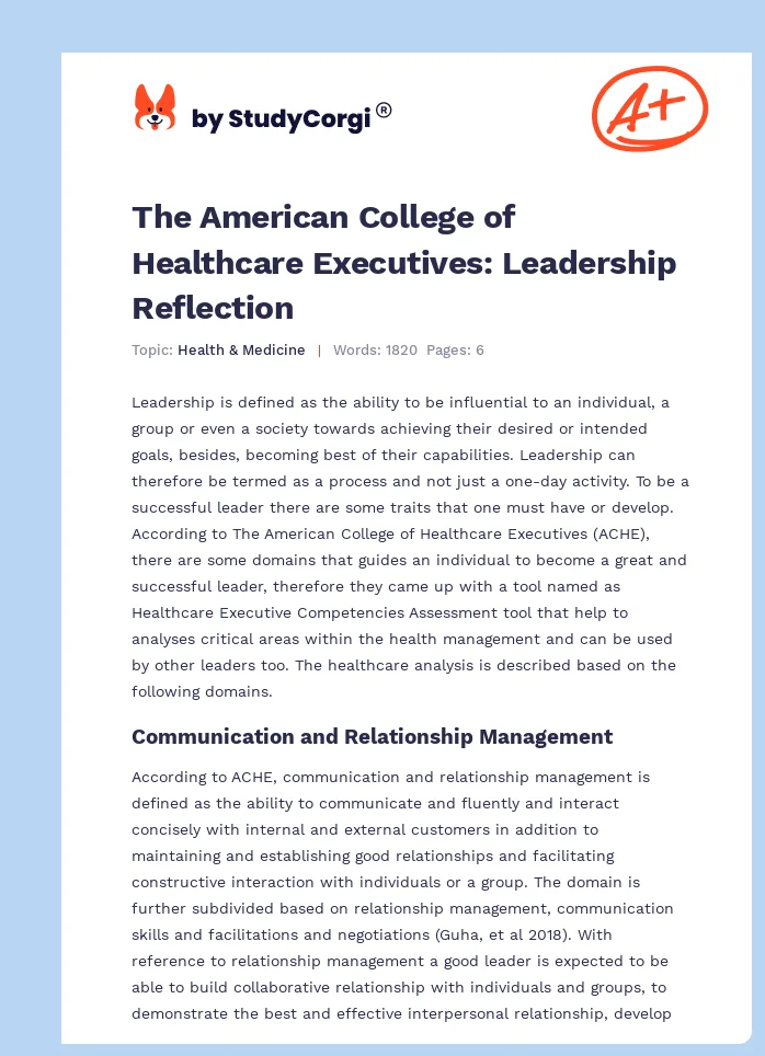 The American College of Healthcare Executives: Leadership Reflection. Page 1