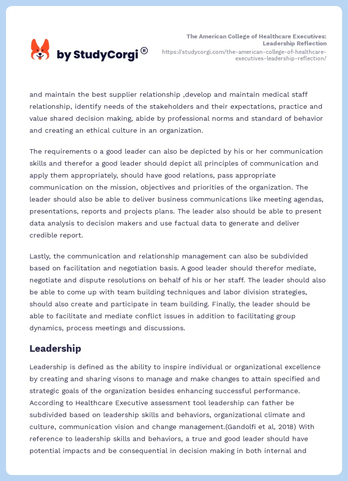 The American College of Healthcare Executives: Leadership Reflection. Page 2