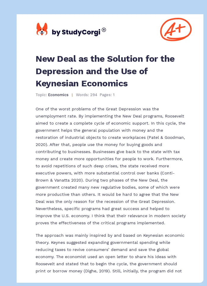 New Deal as the Solution for the Depression and the Use of Keynesian Economics. Page 1