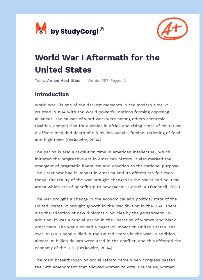 World War I Aftermath for the United States. Page 1