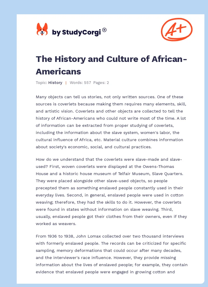 The History and Culture of African-Americans. Page 1