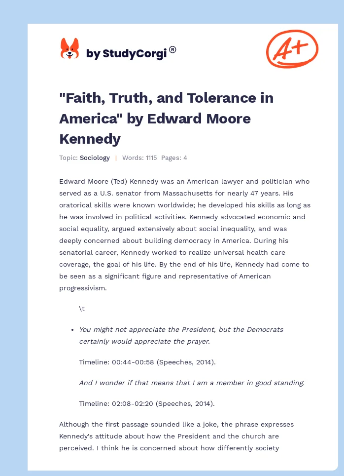 "Faith, Truth, and Tolerance in America" by Edward Moore Kennedy. Page 1