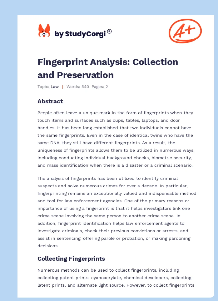 Fingerprint Analysis: Collection and Preservation. Page 1