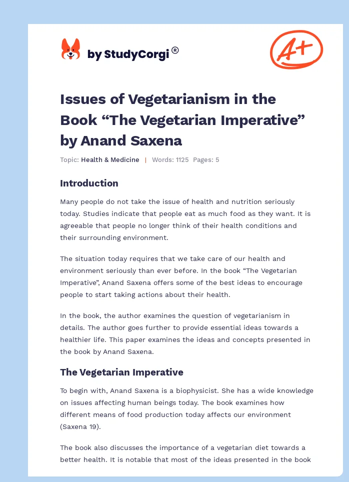 Issues of Vegetarianism in the Book “The Vegetarian Imperative” by Anand Saxena. Page 1