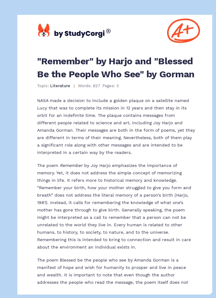 "Remember" by Harjo and "Blessed Be the People Who See" by Gorman. Page 1