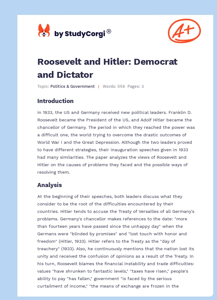 Roosevelt and Hitler: Democrat and Dictator. Page 1
