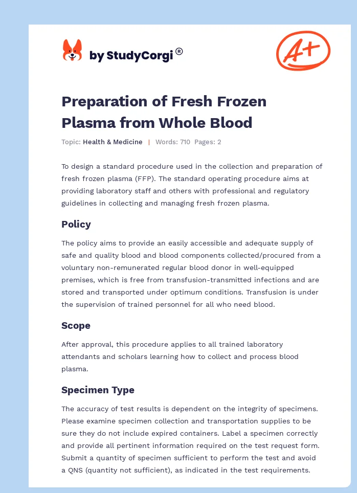 Preparation of Fresh Frozen Plasma from Whole Blood. Page 1
