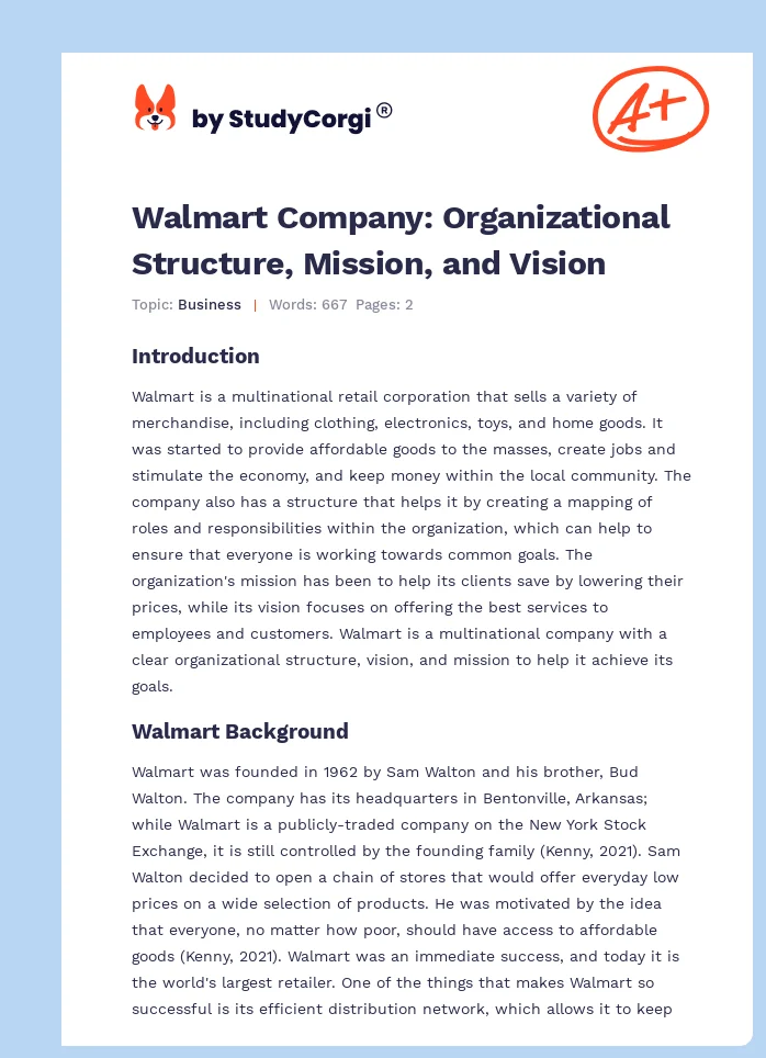 Walmart Company: Organizational Structure, Mission, and Vision. Page 1