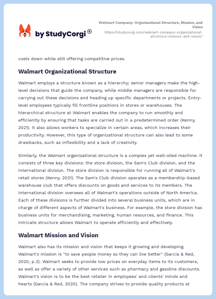 Walmart Company: Organizational Structure, Mission, and Vision. Page 2