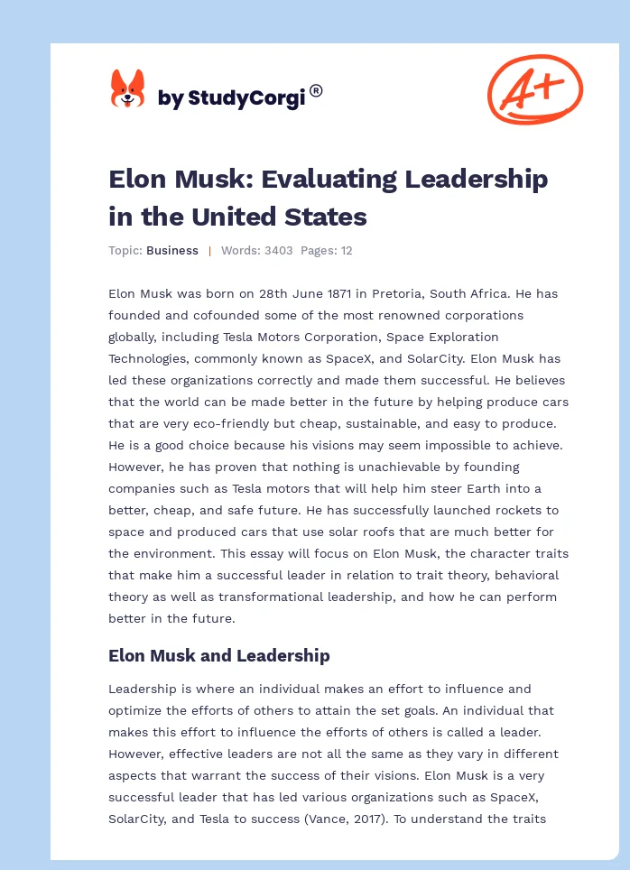 Elon Musk: Evaluating Leadership in the United States. Page 1