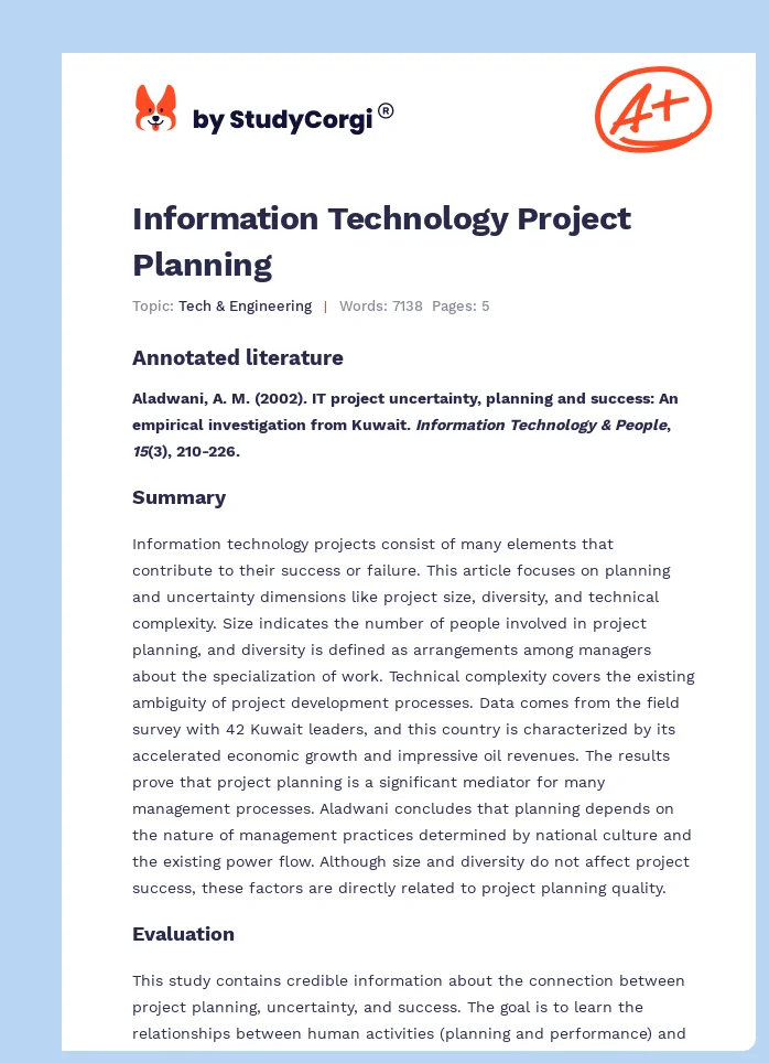 Information Technology Project Planning. Page 1