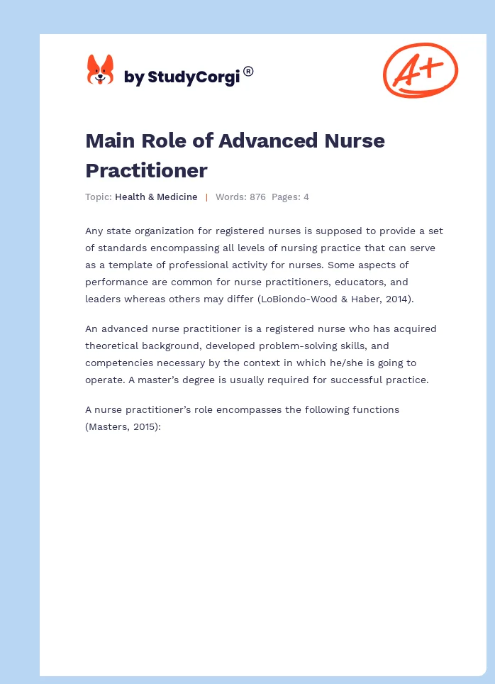 Main Role of Advanced Nurse Practitioner. Page 1