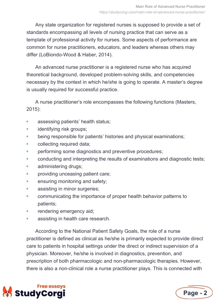 Main Role of Advanced Nurse Practitioner. Page 2