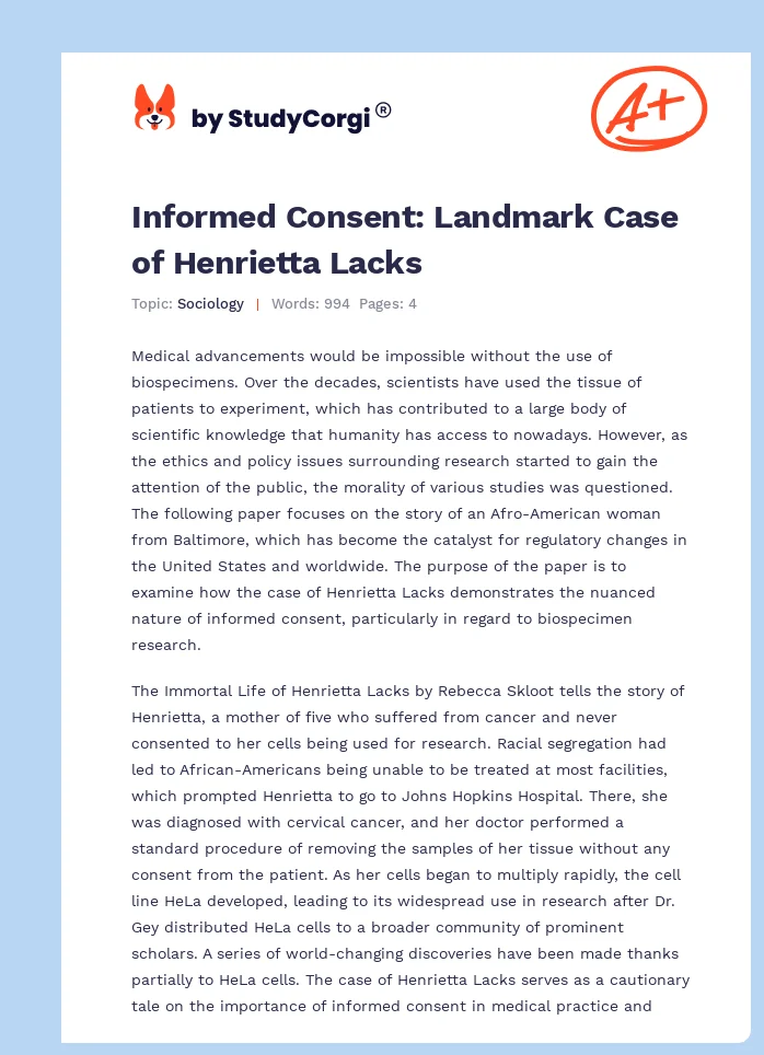 Informed Consent: Landmark Case of Henrietta Lacks. Page 1