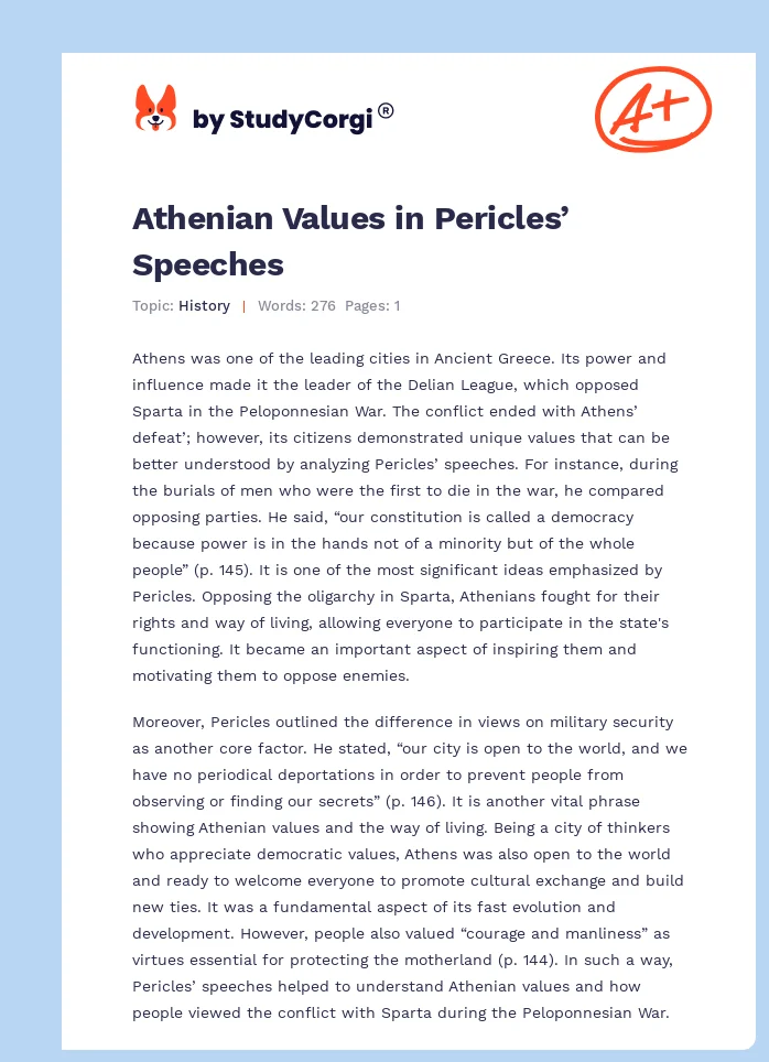 Athenian Values in Pericles’ Speeches. Page 1