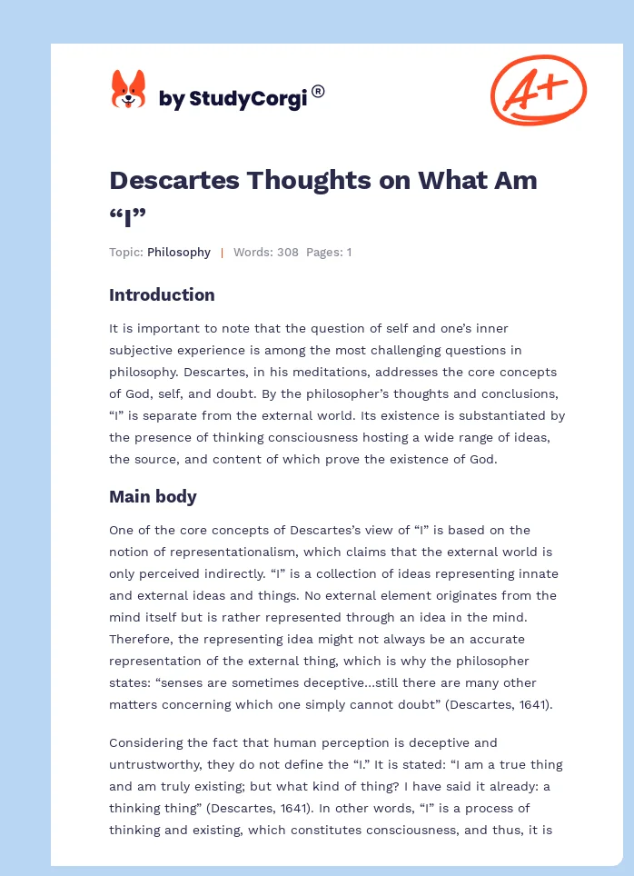 Descartes Thoughts on What Am “I”. Page 1