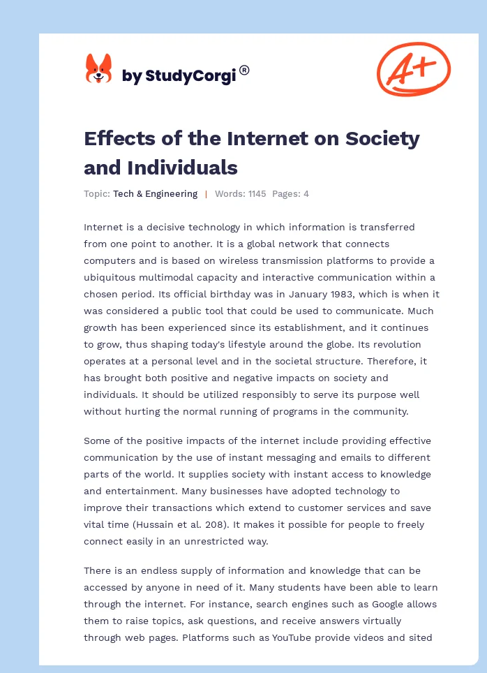 Effects of the Internet on Society and Individuals. Page 1