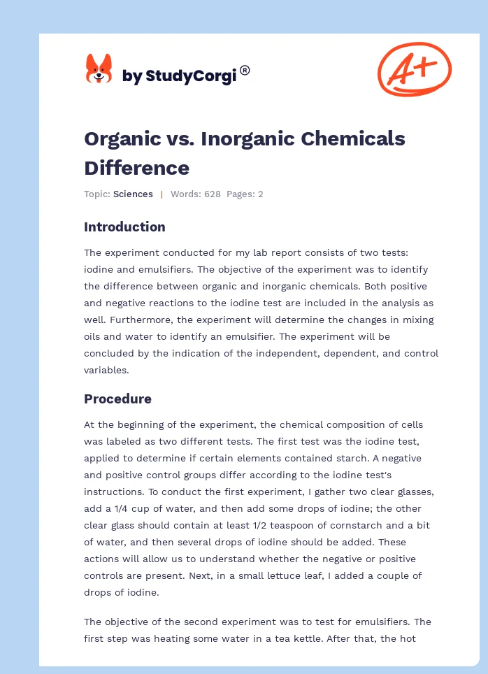 Organic Vs Inorganic Chemicals Difference Free Essay Example
