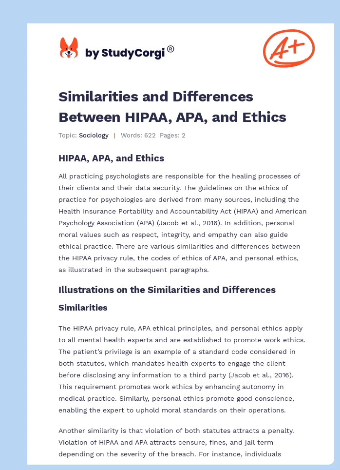 Similarities and Differences Between HIPAA, APA, and Ethics. Page 1