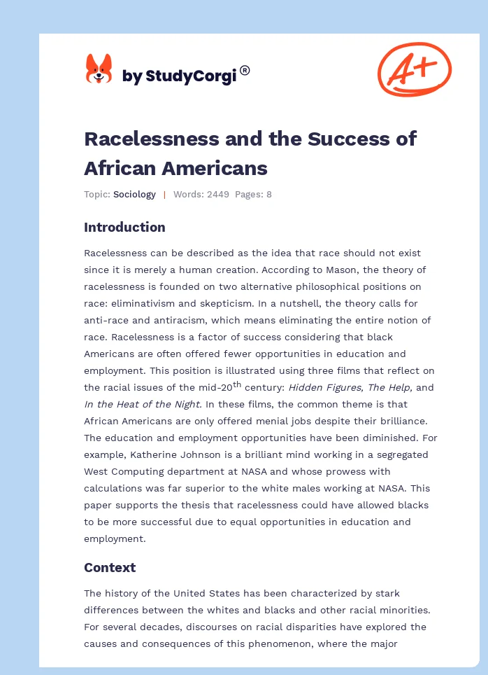 Racelessness and the Success of African Americans. Page 1