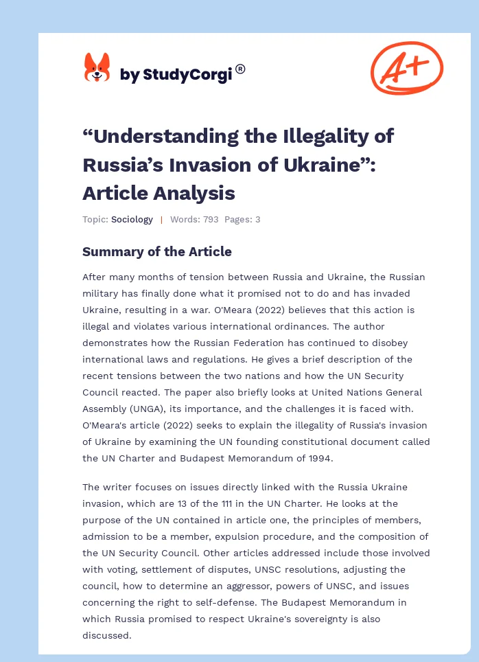 “Understanding the Illegality of Russia’s Invasion of Ukraine”: Article Analysis. Page 1
