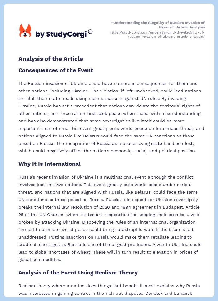 “Understanding the Illegality of Russia’s Invasion of Ukraine”: Article Analysis. Page 2