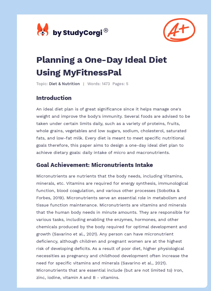 Planning a One-Day Ideal Diet Using MyFitnessPal. Page 1