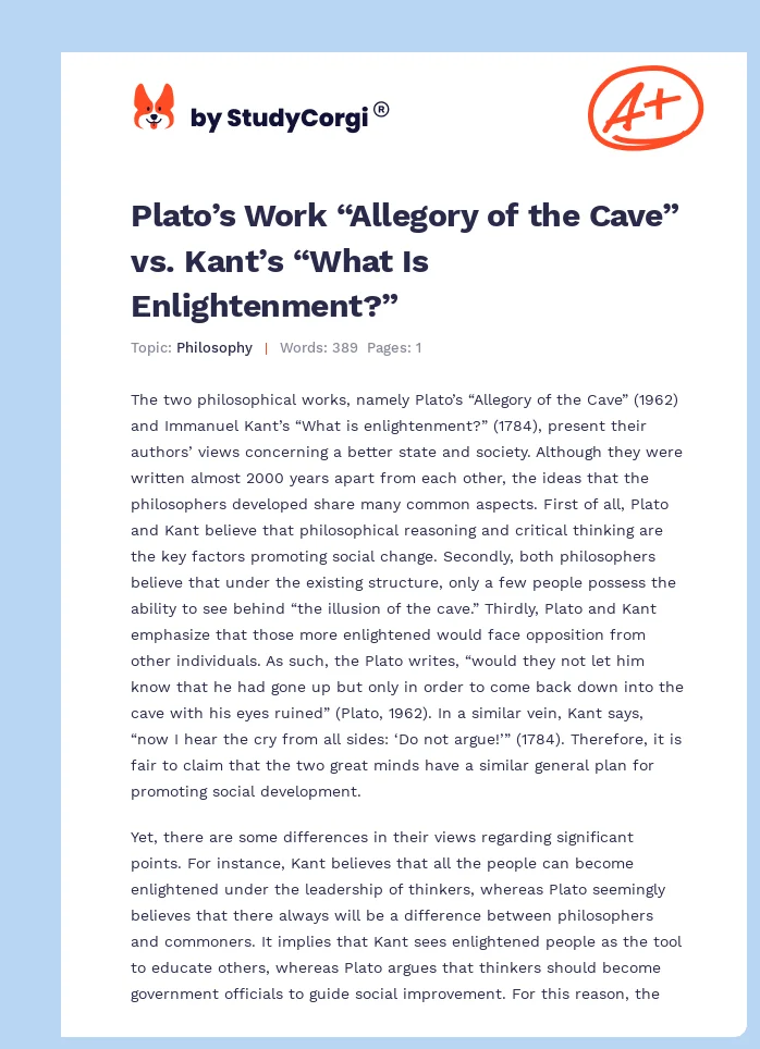 Plato’s Work “Allegory of the Cave” vs. Kant’s “What Is Enlightenment?”. Page 1