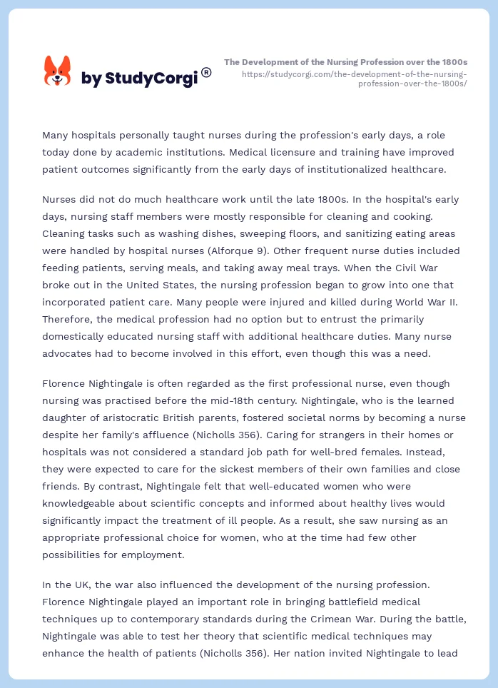 The Development of the Nursing Profession over the 1800s. Page 2